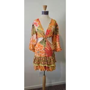 Z&L Orange Delia Boho Print Bubble 3/4 Sleeves Mini Dress Sz Small (0962)